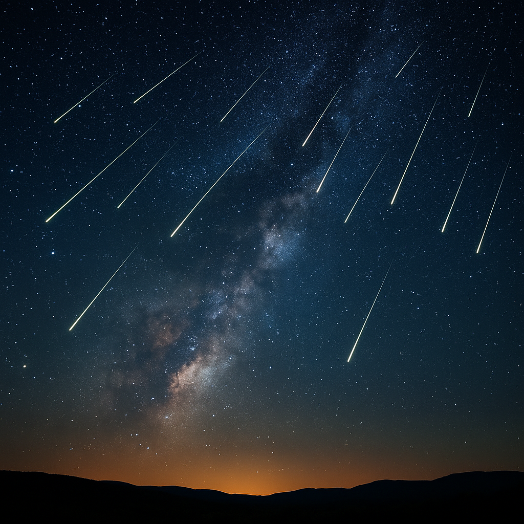 Perseide 2025 meteor shower pe cerul nopții: imagine cu stele căzătoare intens luminate