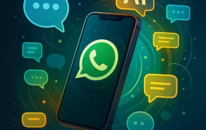 Concept grafic WhatsApp 2025 cu elemente futuriste de comunicare – functii noi