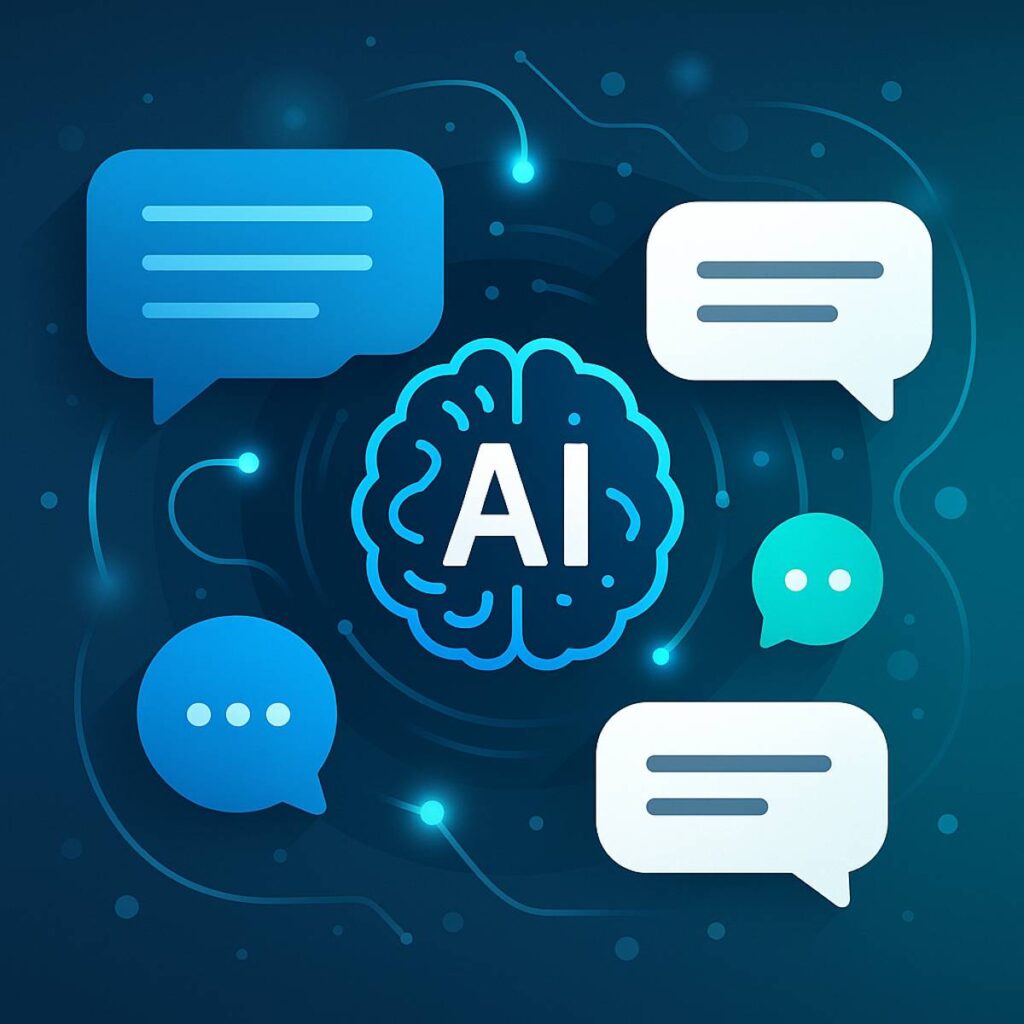 Interfață abstractă de chat WhatsApp 2025 cu simboluri de mesaje în fundal – comunicare modernă